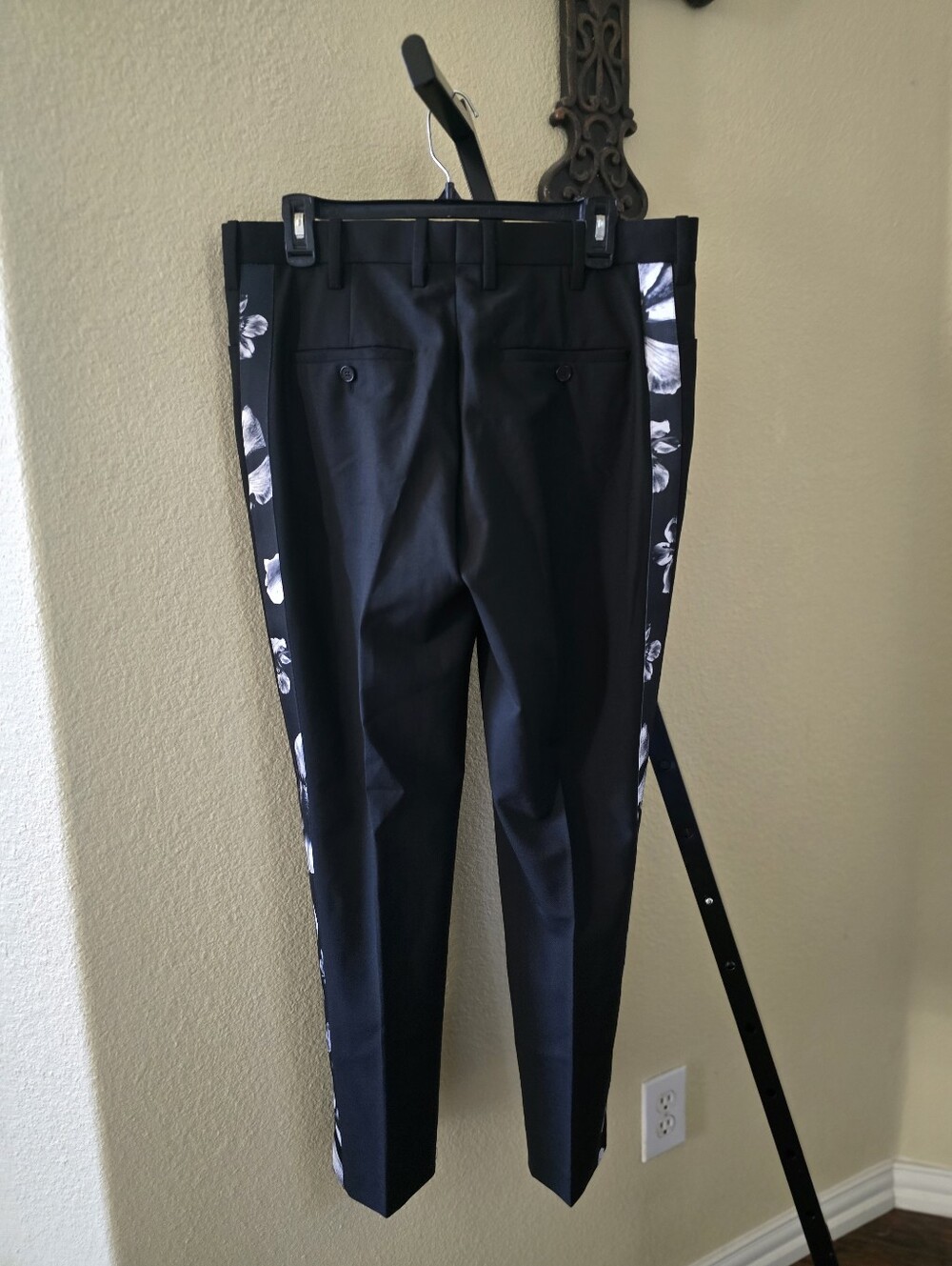 Neil Barrett Men's Black Dress Pants with Floral Side Stripe